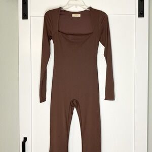 QINSEN Women's Brown Long Sleeve Square Neck Stretch Flared Bodysuit Sz M